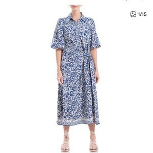 Max studio size medium tie waist Elegant Blue Floral Women's Dress